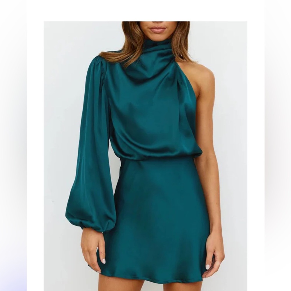 Beautiful formal satin dress. One shoulder, solid color, above the knee length.